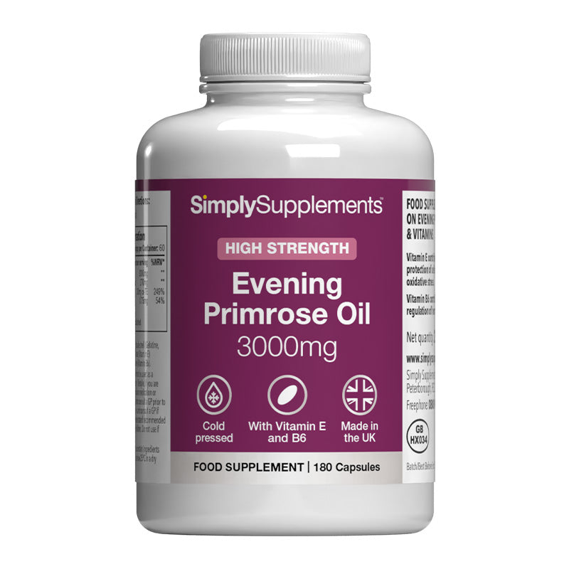 Supplement bottle of Simply Supplements Evening Primrose Oil 3000mg on a white background