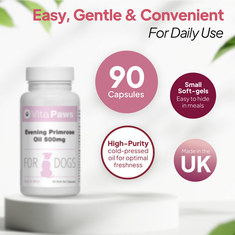 Dog evening primrose oil supplement with 90 soft gel capsules, cold-pressed for freshness and made in the UK