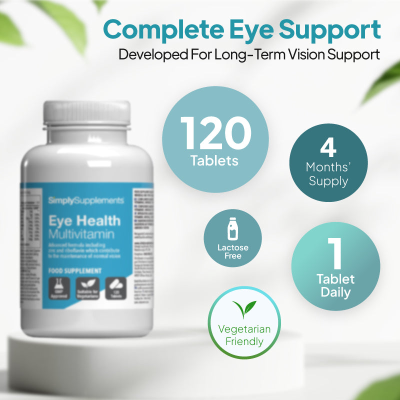 Product infographic for Simply Supplements Eye Health Multivitamin showing 120 tablets, 4 months’ supply, 1 tablet daily, lactose free, and vegetarian friendly.