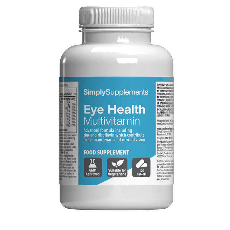 White supplement bottle labeled 'Eye Health Multivitamin' by SimplySupplements on a white background