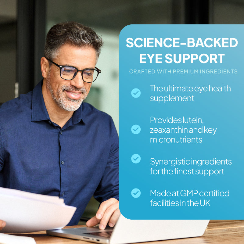 Lifestyle graphic for Simply Supplements Eye Health Multivitamin showing a man working at a laptop with claims including science-backed eye support, lutein and zeaxanthin with key micronutrients, synergistic ingredients, and UK GMP-certified manufacturing.