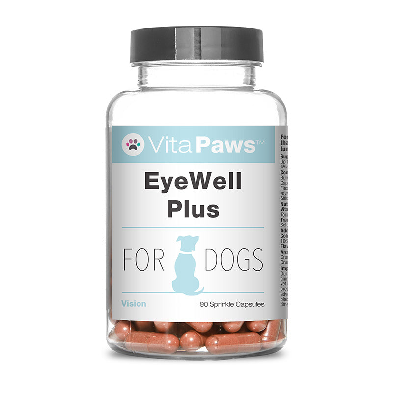 Bottle of Vita Paws EyeWell Plus for dogs on a white background