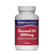 Bottle of Simply Supplements Flaxseed Oil 3000mg on a white background