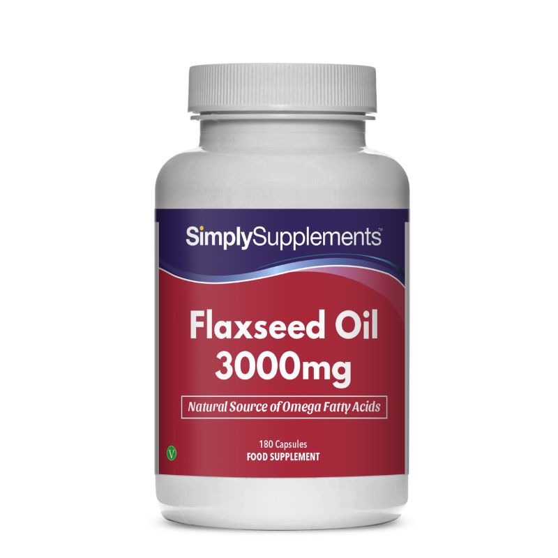 Bottle of Simply Supplements Flaxseed Oil 3000mg on a white background