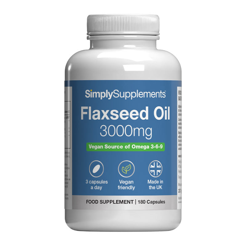 Bottle of Simply Supplements Flaxseed Oil 3000mg on a white background