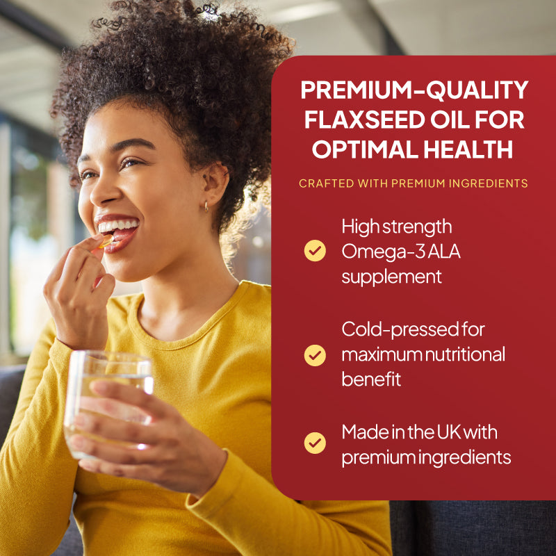 Lady taking a flaxseed oil capsules, with text by the side highlight the product is a high strength omega-2 ALA supplement, cold pressed for maximum nutritional benefit and made in the UK with premium ingredients.