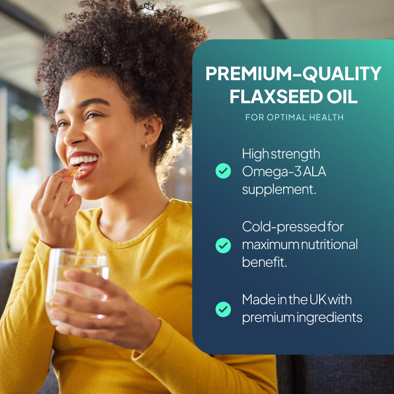 Lady taking a flaxseed oil capsules, with text by the side highlight the product is a high strength omega-3 ALA supplement, cold pressed for maximum nutritional benefit and made in the UK with premium ingredients.