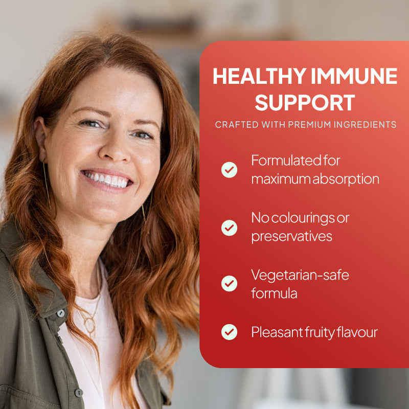 Lifestyle promotional graphic for Salus Floradix Liquid Iron and Vitamin Formula, showing a smiling red-haired woman beside a red text panel reading “Healthy Immune Support,” with points highlighting maximum absorption, no colourings or preservatives, a vegetarian-safe formula, and a pleasant fruity flavour.