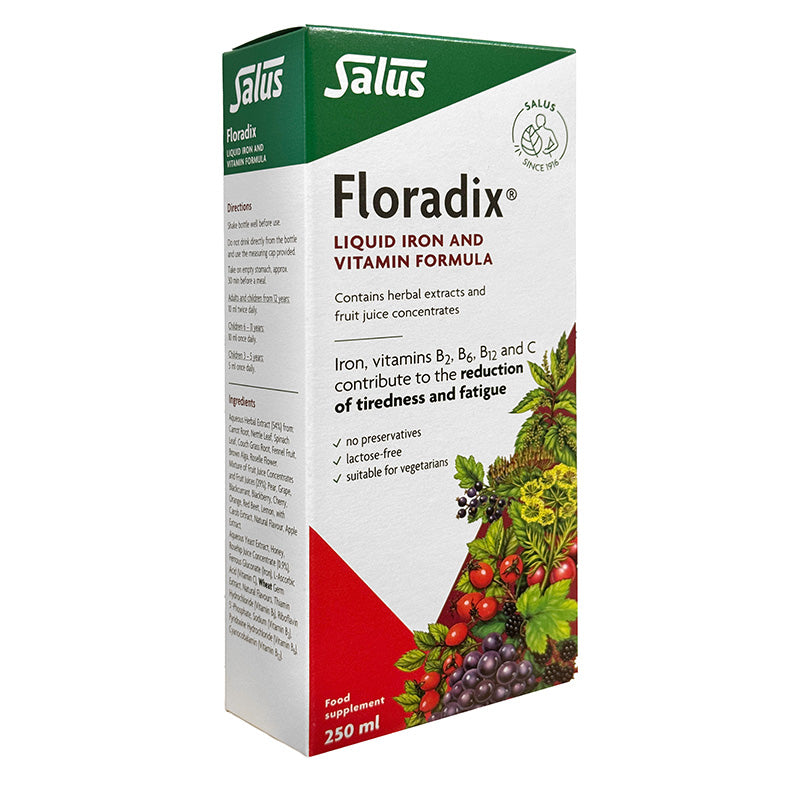 Salus Floradix liquid iron and vitamin formula packaging on a white background