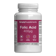 Bottle of SimplySupplements Folic Acid 400μg supplement on a white background