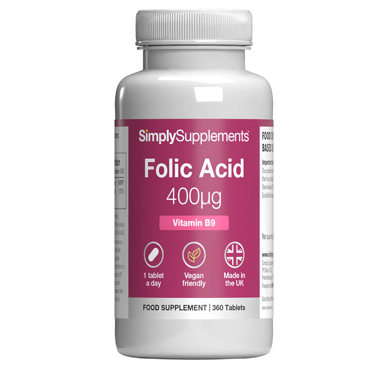 Bottle of SimplySupplements Folic Acid 400μg supplement on a white background