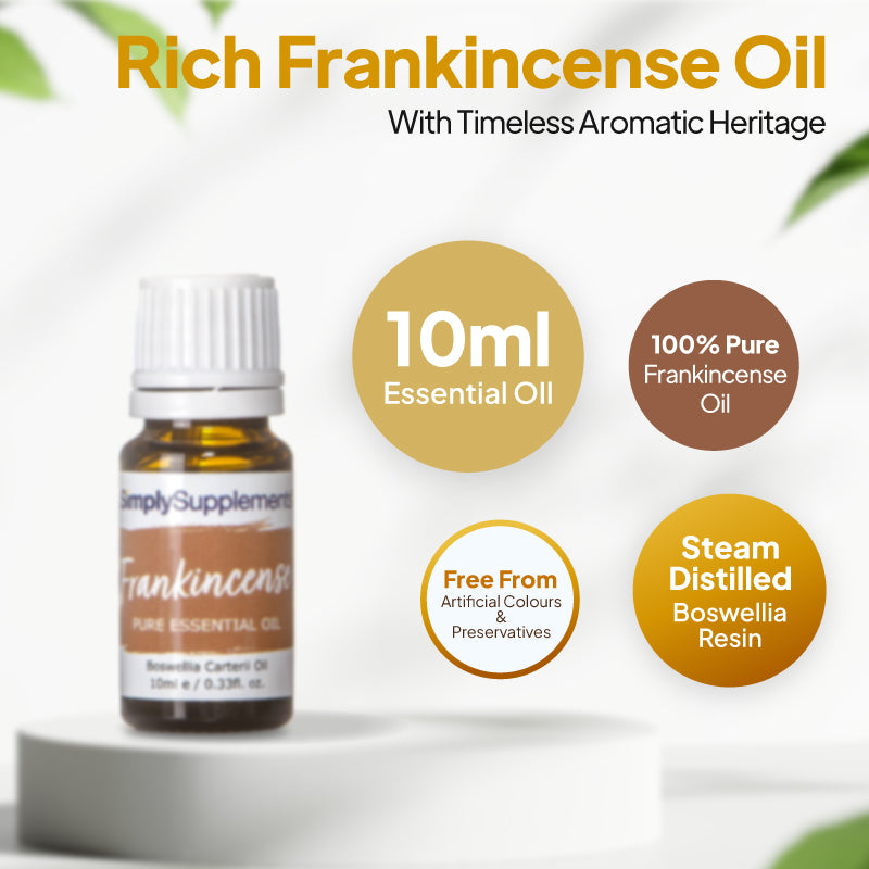 Simply Supplements Frankincense essential oil graphic showing 10ml total, 100 percent pure frankincense oil, steam-distilled Boswellia resin and free from artificial colours and preservatives.