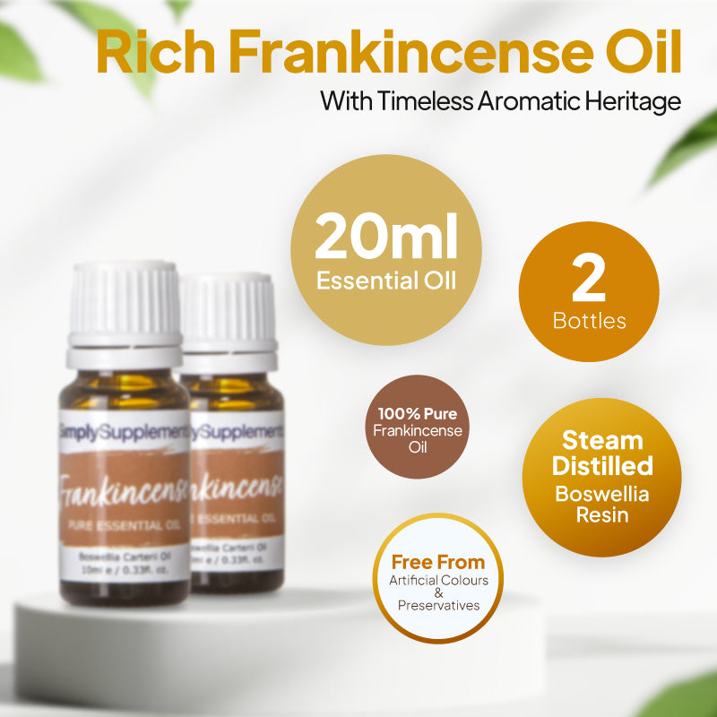 Simply Supplements Frankincense essential oil graphic showing 20ml total, 2 bottles, 100 percent pure frankincense oil, steam-distilled Boswellia resin and free from artificial colours and preservatives.