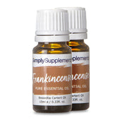 Two bottles of Simply Supplements Frankincense essential oil on a white background