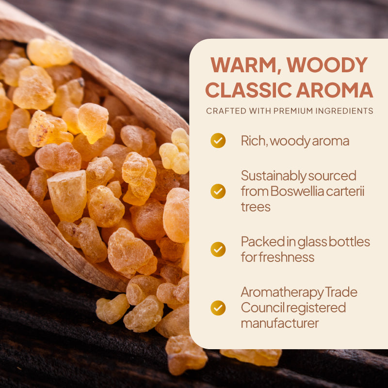 Simply Supplements Frankincense essential oil lifestyle graphic highlighting rich woody aroma, sustainably sourced Boswellia carterii, glass bottle packaging and Aromatherapy Trade Council registered manufacturer.