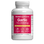 Supplement bottle labeled 'SimplySupplements Garlic 10,000mg' on a white background
