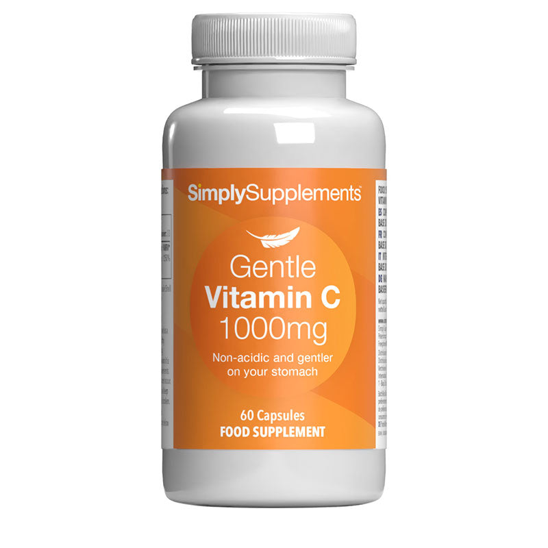 Supplement bottle labeled 'Gentle Vitamin C 1000mg' by Simply Supplements on a white background