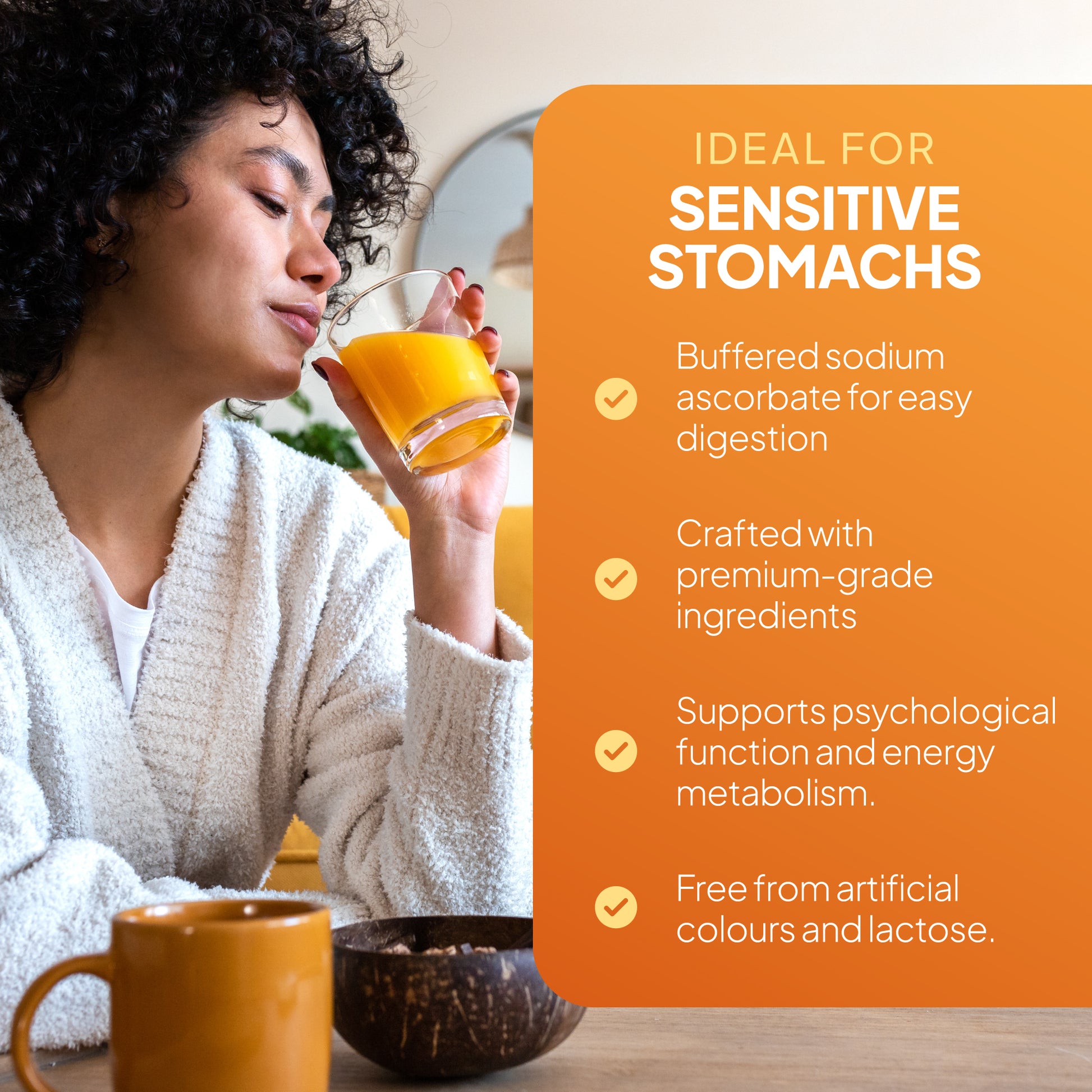 Gentle Vitamin C for sensitive stomachs. Supports psychological function and energy metabolism.