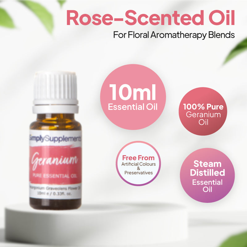 Simply Supplements Geranium essential oil graphic showing 10ml total, 100 percent pure geranium oil, steam-distilled formula and free from artificial colours and preservatives.