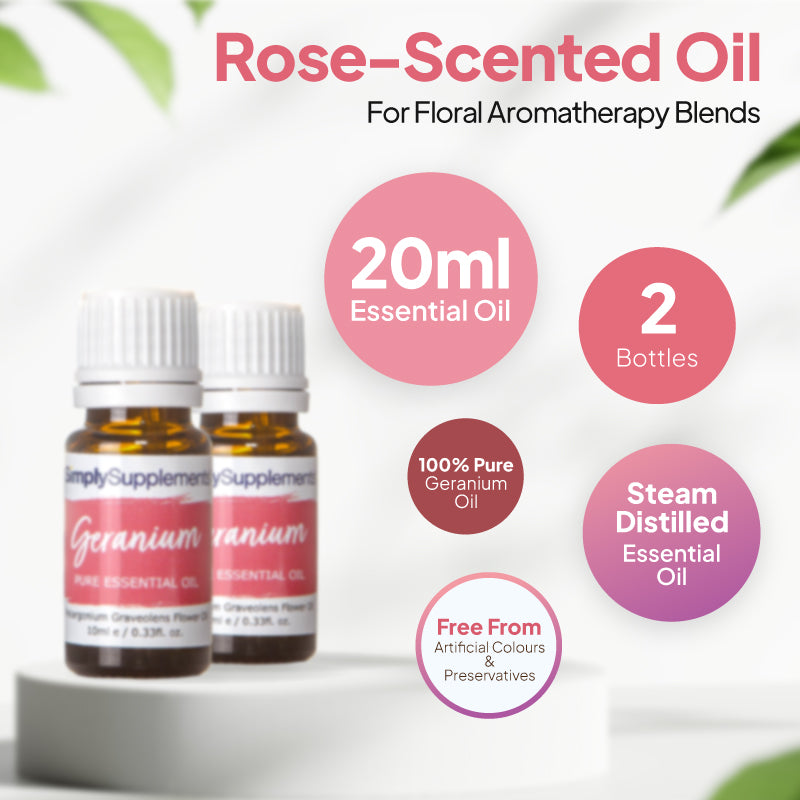 imply Supplements Geranium essential oil graphic showing 20ml total, 2 bottles, 100 percent pure geranium oil, steam-distilled formula and free from artificial colours and preservatives.