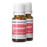 Two bottles of Simply Supplements Geranium pure essential oil on a white background