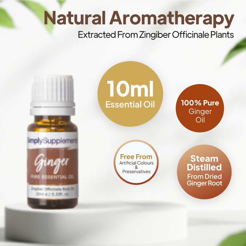 Simply Supplements Ginger essential oil graphic showing 10ml total, 100 percent pure ginger oil, steam-distilled dried ginger root and free from artificial colours and preservatives.