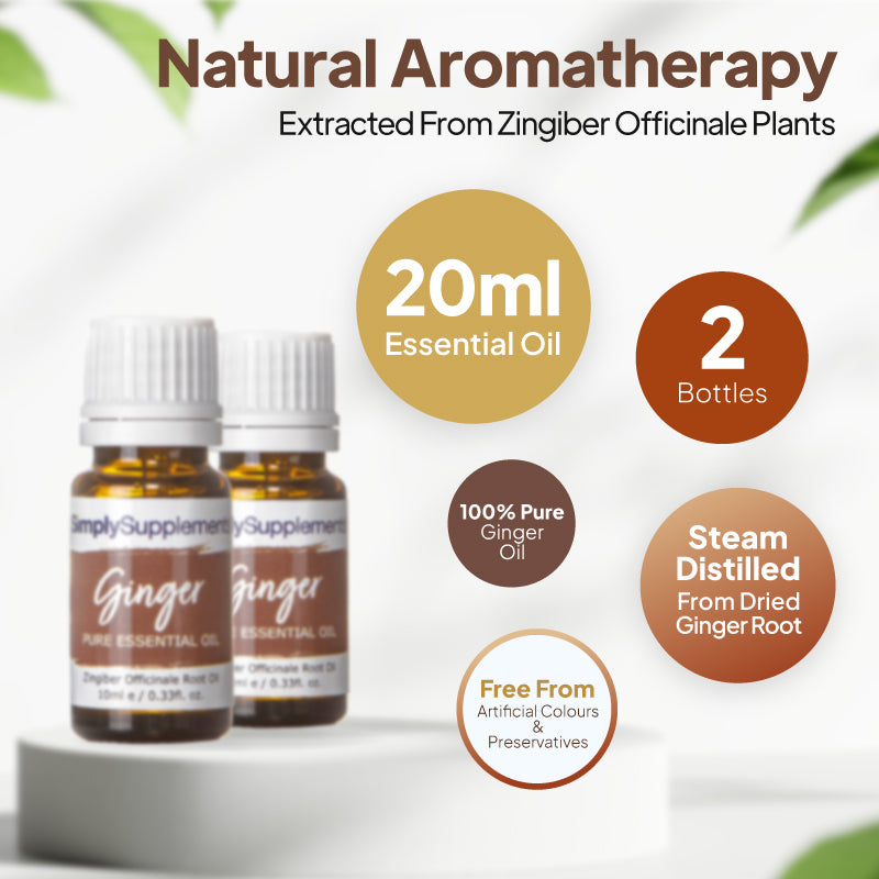 Simply Supplements Ginger essential oil graphic showing 20ml total, 2 bottles, 100 percent pure ginger oil, steam-distilled dried ginger root and free from artificial colours and preservatives.