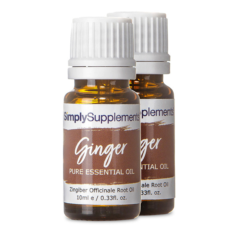 Two bottles of Simply Supplements Ginger Pure Essential Oil on a white background