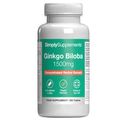 Supplement bottle labeled 'Ginkgo Biloba 1500mg' by SimplySupplements on a white background