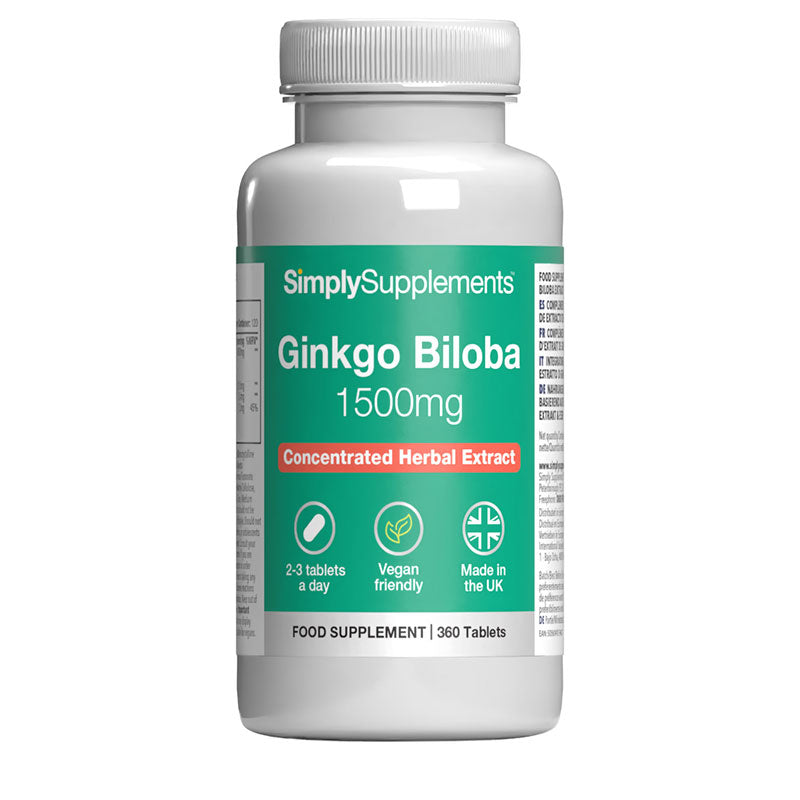 Supplement bottle labeled 'Ginkgo Biloba 1500mg' by SimplySupplements on a white background