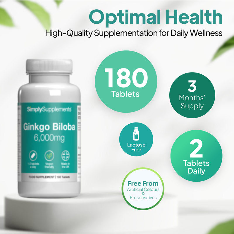 Ginkgo Biloba 6000mg 180 tablets, 3 months supply. Lactose free and free from artificial colours and preservatives