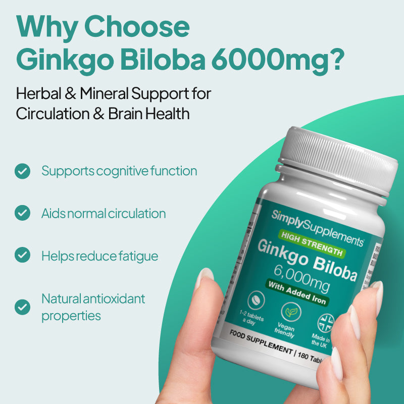 Ginkgo Biloba 6000mg supplement supports cognitive function, aids normal circulation and reduces fatigue