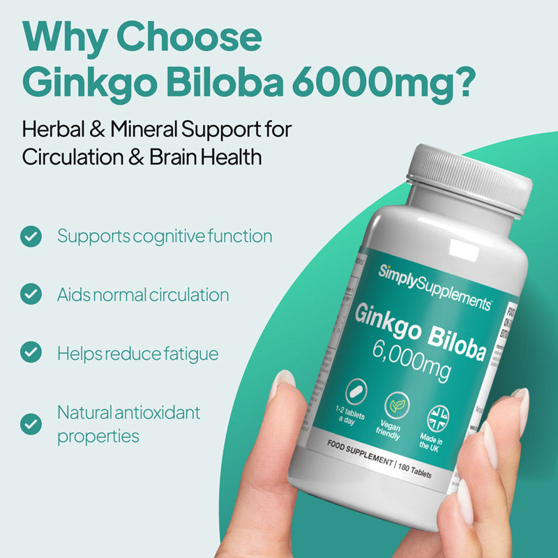 Ginkgo Biloba 6000mg supplement supports conitive function, aids normal circulation and reduces fatigue