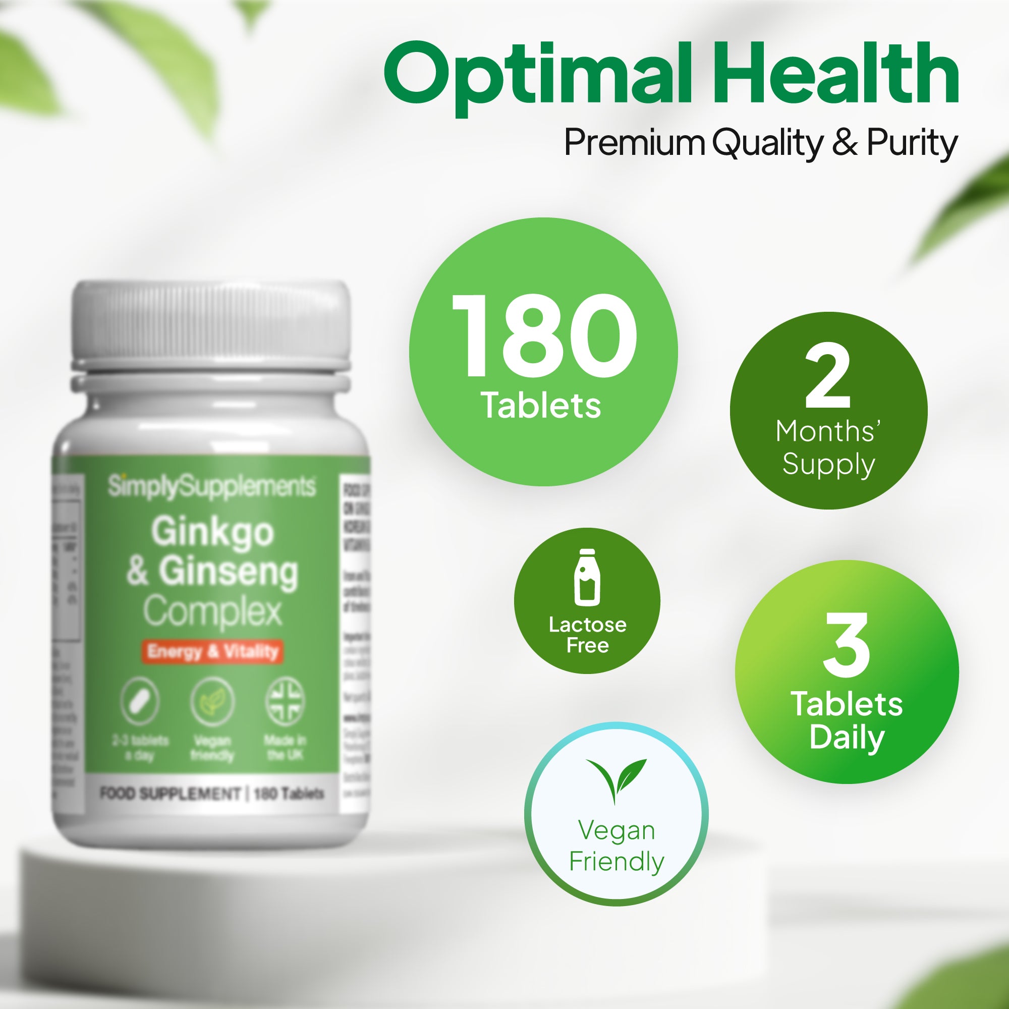 Simply Supplements Ginkgo & Ginseng Complex includes 180 tablets. 2 months' supply. 3 tablets daily
