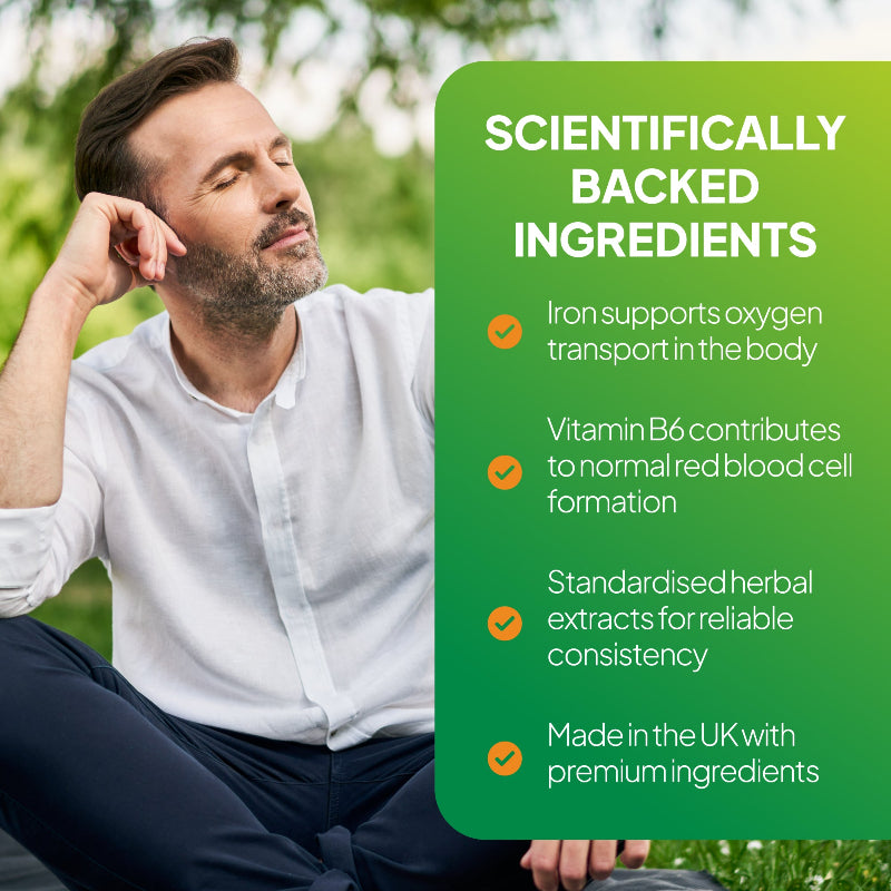 Ginkgo & Ginseng Complex includes vitamin B6 for normal red blood cell formation and iron to support oxygen transport in the body
