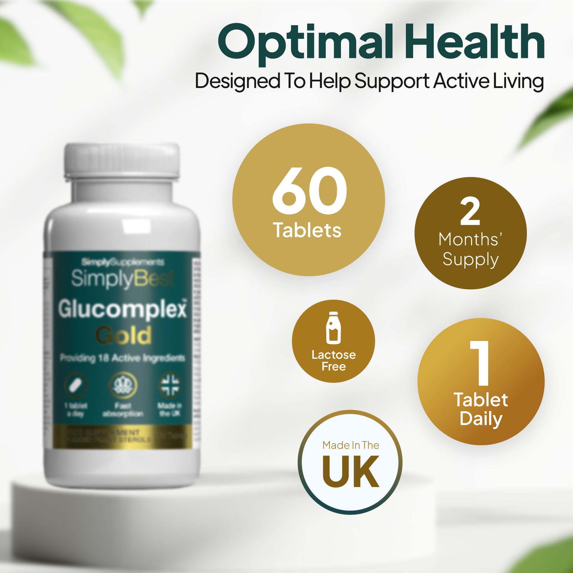 Product infographic for Simply Supplements SimplyBest GluComplex Gold, showing the bottle beside circles highlighting 60 tablets, up to 2 months’ supply, 1 tablet a day, made in the UK, and lactose free.