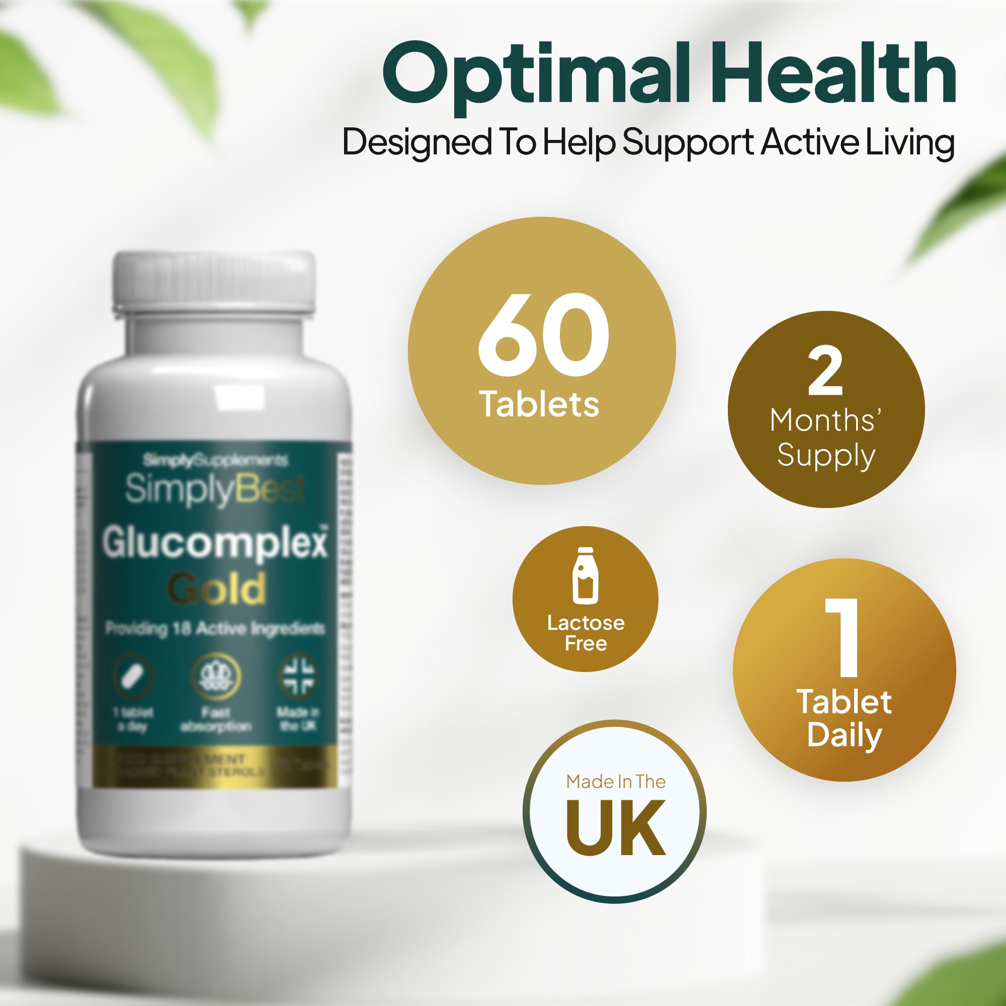 Product infographic for Simply Supplements SimplyBest GluComplex Gold, showing the bottle beside circles highlighting 60 tablets, up to 2 months’ supply, 1 tablet a day, made in the UK, and lactose free.