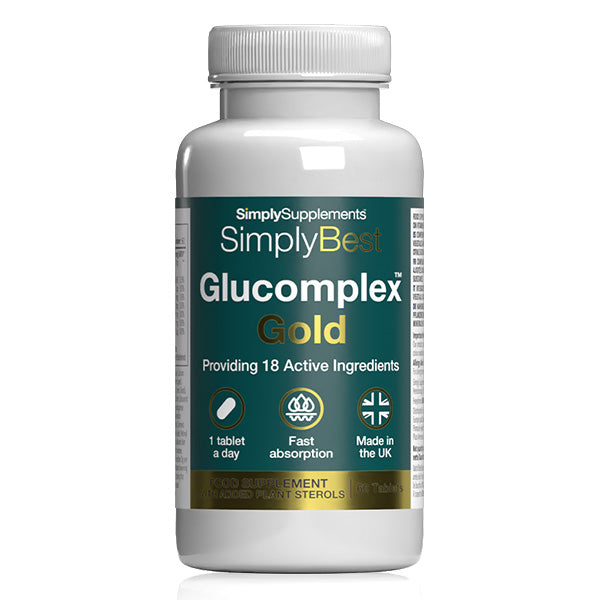 Supplement bottle labeled 'Simply Supplements Simply Best GluComplex Gold' on a white background