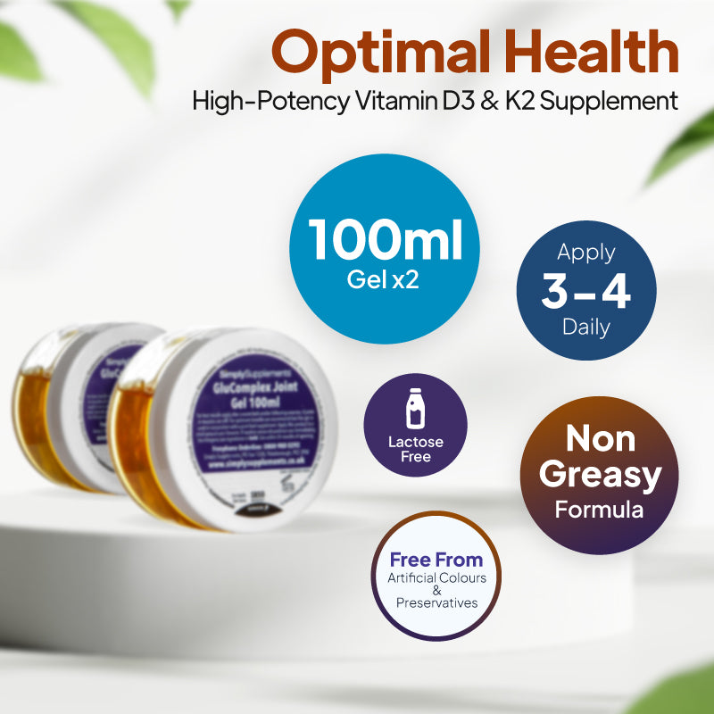 Product infographic for Simply Supplements GluComplex Joint Gel showing two 100ml gel tubs, suggested use of 3–4 applications daily, and callouts for lactose free, non-greasy formula, and free from artificial colours and preservatives.