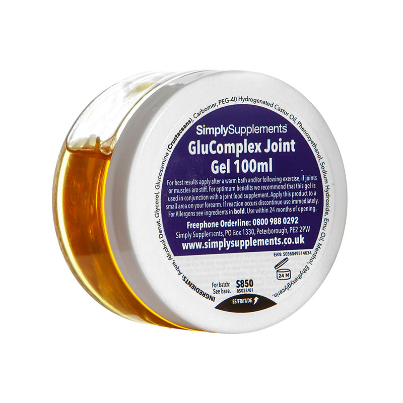 Jar of SimplySupplements GluComplex Joint Gel with visible gel inside