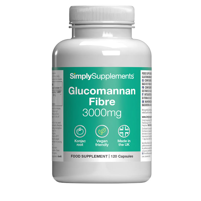 Simply Supplements Glucomannan Fibre Capsules 3000mg
 front label on a white background 