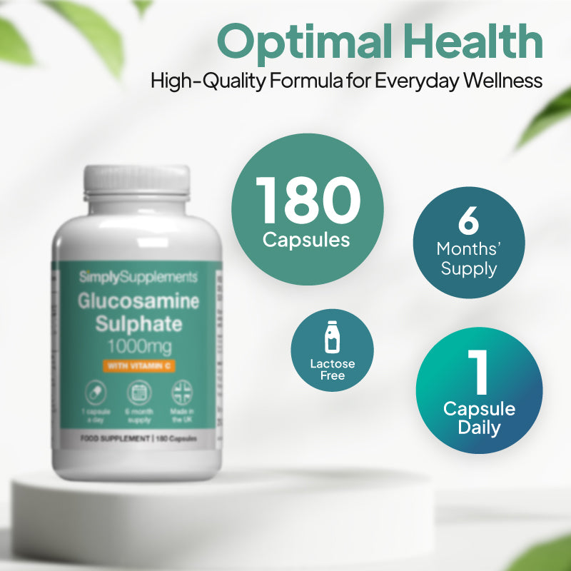 Simply Supplements Glucosamine Sulphate 1000mg with Vitamin C supplement graphic showing 180 capsules, 6 months supply, 1 capsule daily, lactose free formula