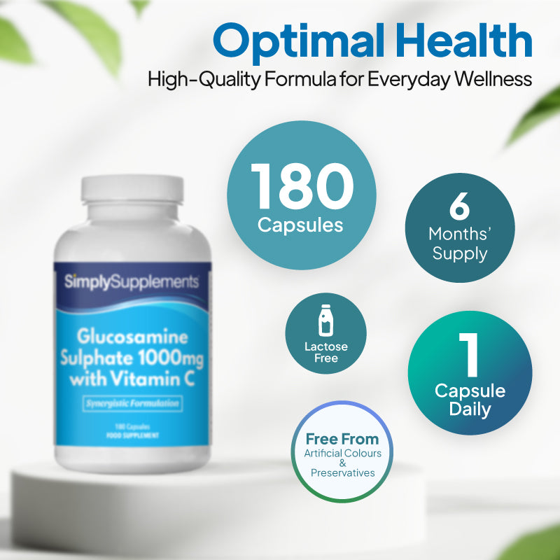 Simply Supplements Glucosamine Sulphate 1000mg with Vitamin C supplement graphic showing 360 capsules, 12 months supply, 1 capsule daily, lactose free formula and free from artificial colours and preservatives.