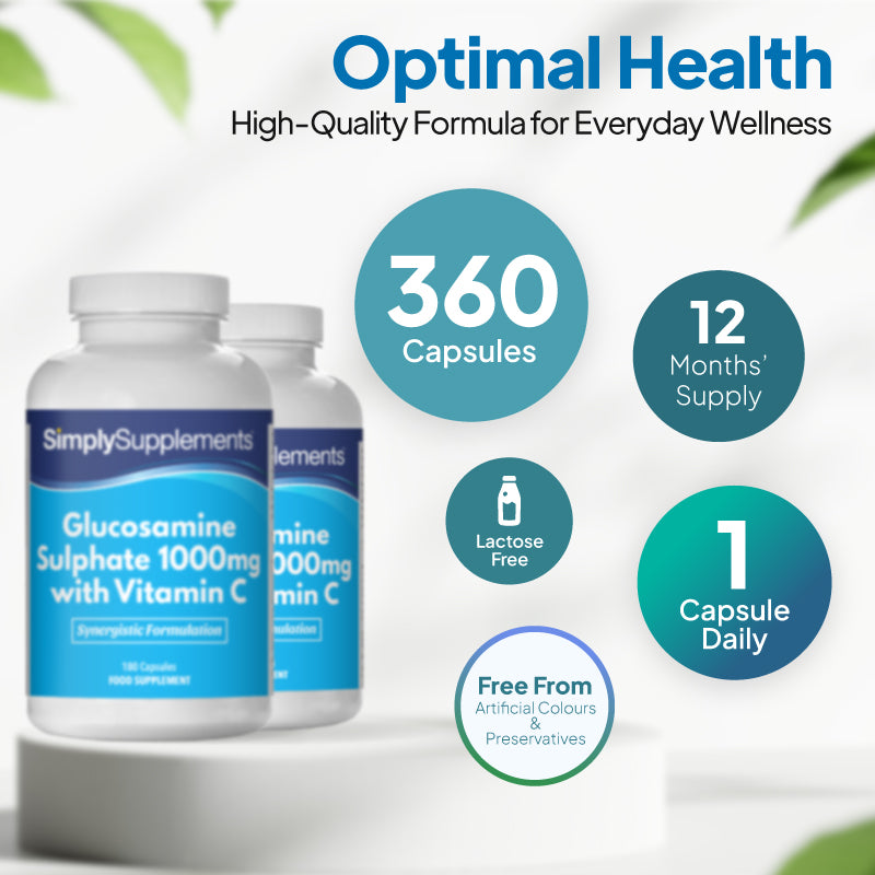 Simply Supplements Glucosamine Sulphate 1000mg with Vitamin C supplement graphic showing 360 capsules, 12 months supply, 1 capsule daily, lactose free formula and free from artificial colours and preservatives.