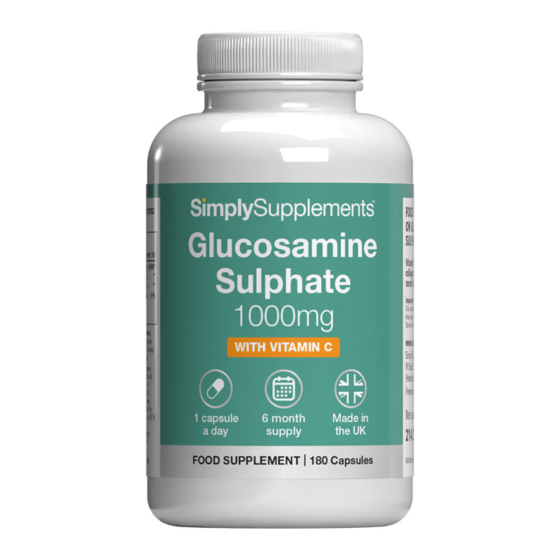 Supplement bottle labeled 'Simply Supplements Glucosamine Sulphate 1000mg with Vitamin C' on a white background