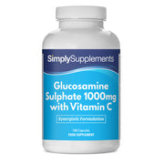 Supplement bottle labeled 'Simply Supplements Glucosamine Sulphate 1000mg with Vitamin C' on a white background