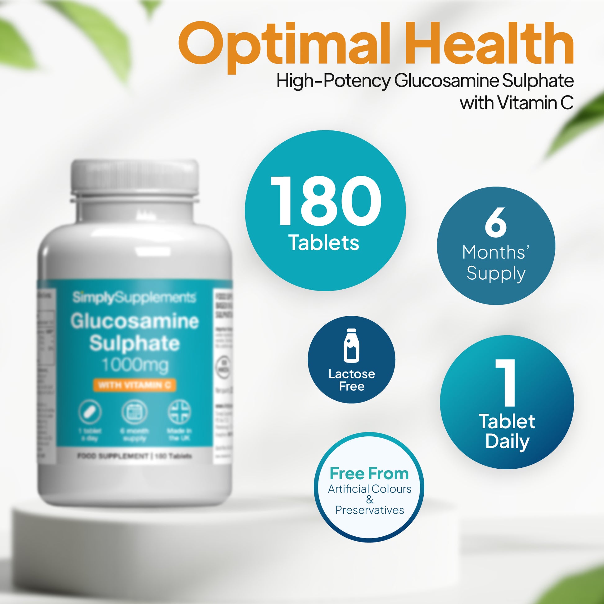 Glucosamine 1000mg with vitamin C with dosage-6months' supply (1 tablet daily). Lactose free