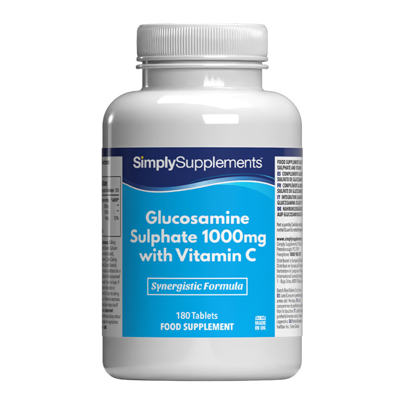 Supplement bottle labeled 'SimplySupplements Glucosamine Sulphate 1000mg with Vitamin C' on a white background