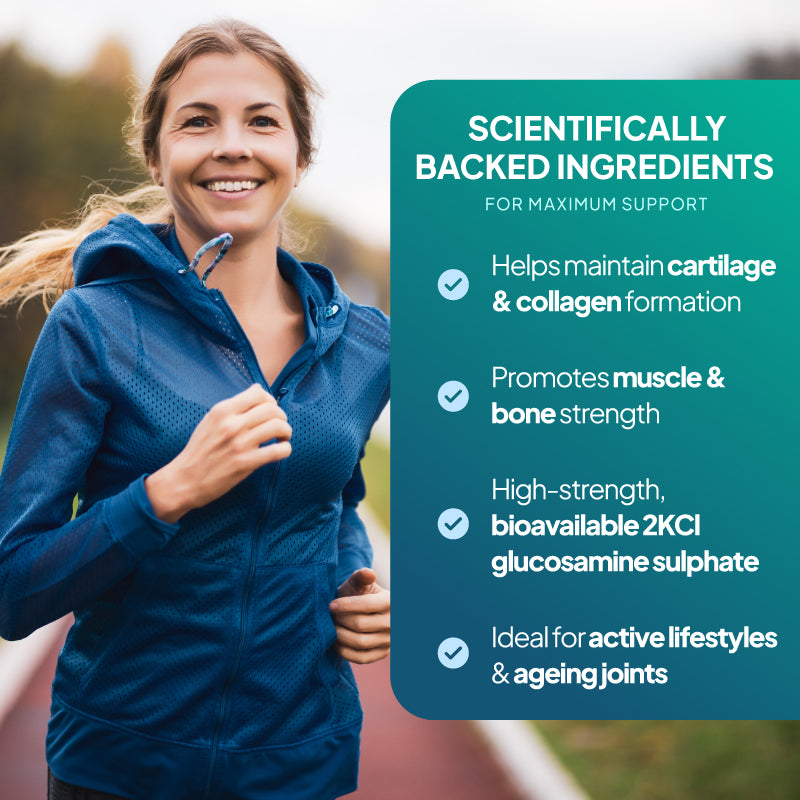 Simply Supplements Glucosamine Sulphate with Vitamin C lifestyle graphic highlighting scientifically backed ingredients for cartilage and collagen formation, muscle and bone strength, bioavailable glucosamine sulphate and ageing joint support.