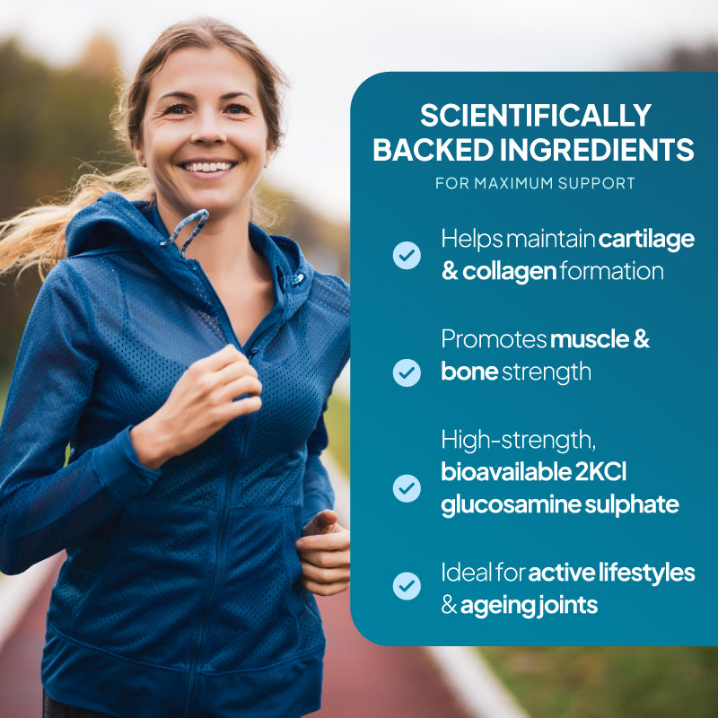 Simply Supplements Glucosamine Sulphate with Vitamin C lifestyle graphic highlighting scientifically backed ingredients for cartilage and collagen formation, muscle and bone strength, bioavailable glucosamine sulphate and ageing joint support.